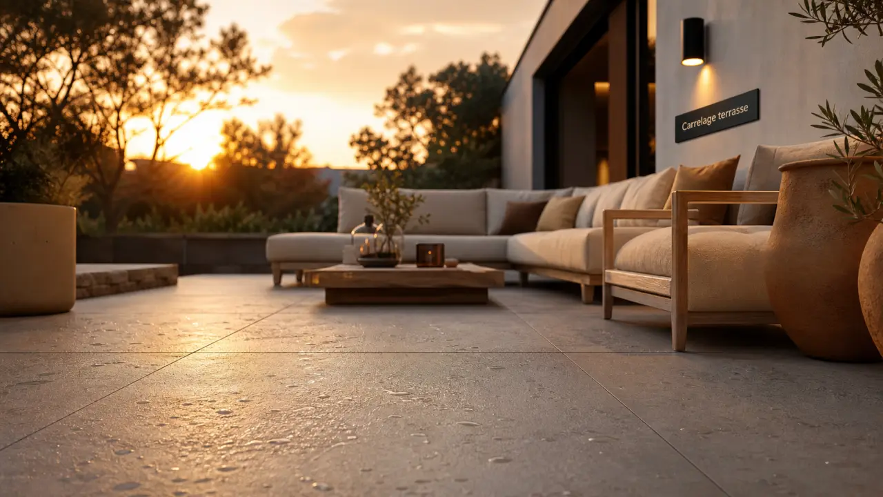 Carrelage terrasse moderne effet béton sur plots, antidérapant R11
