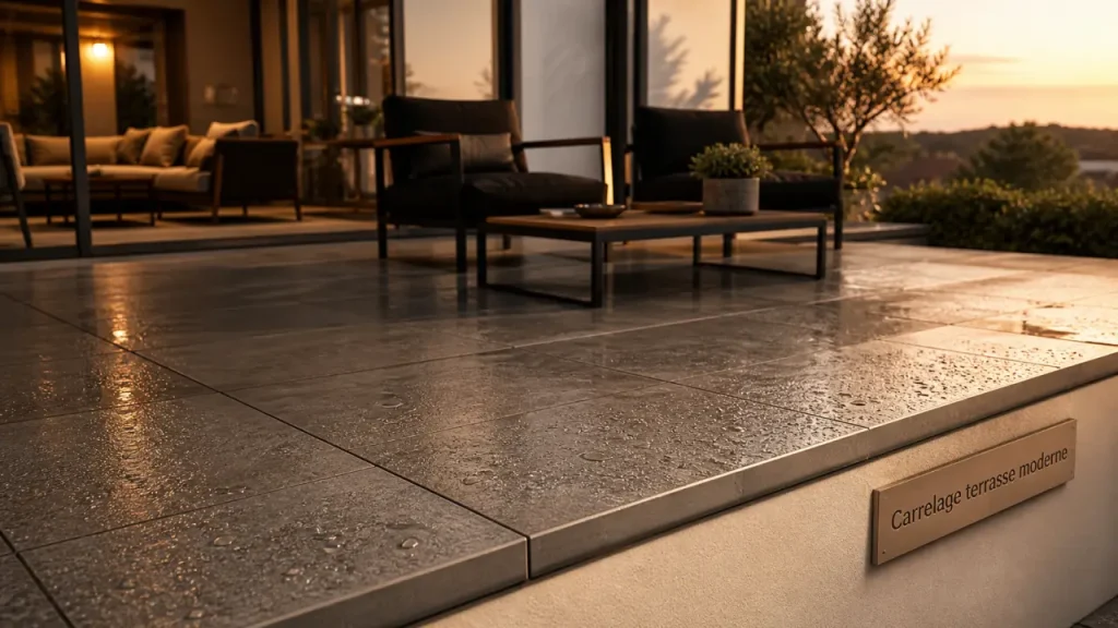 Carrelage terrasse moderne effet béton sur plots, surface antidérapante