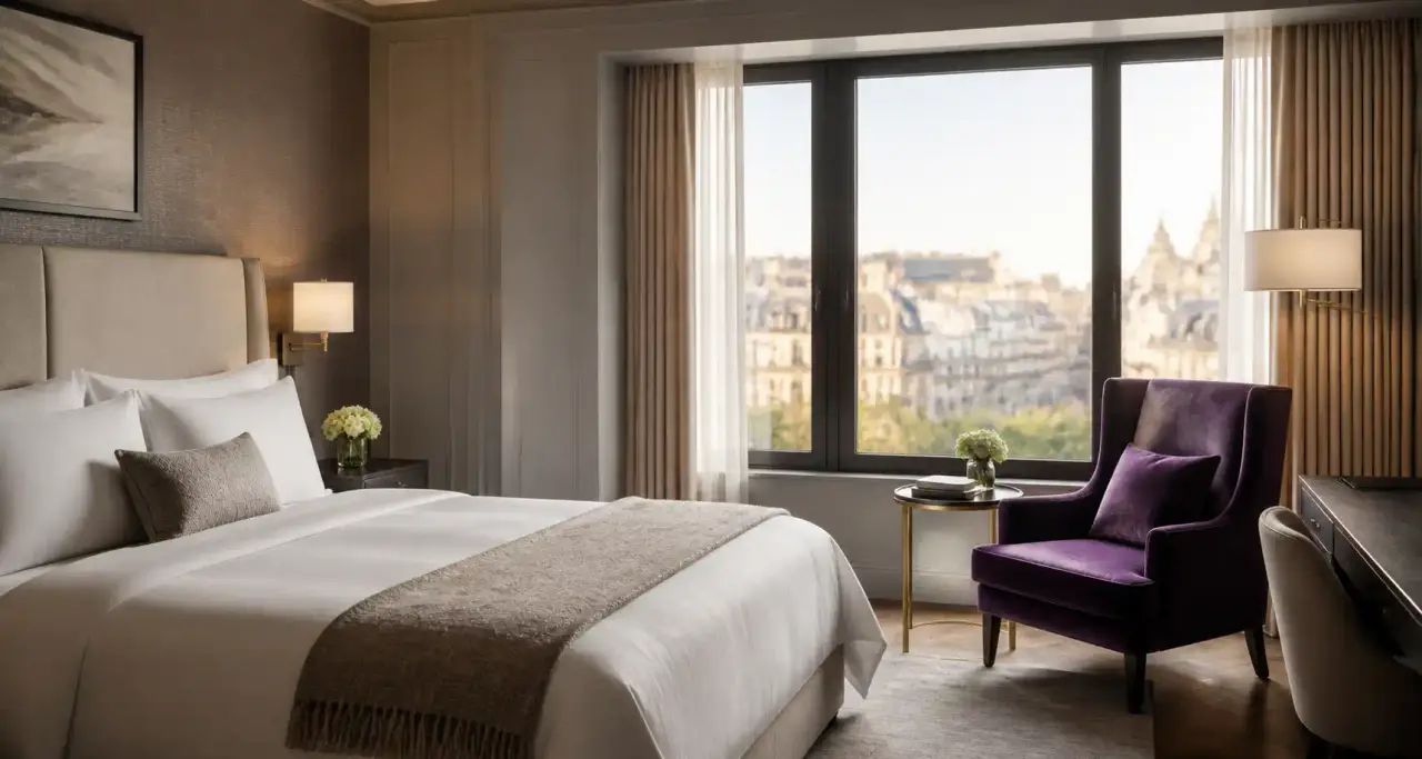Chambre d'hôtel élégante avec fauteuil velours et lumière naturelle