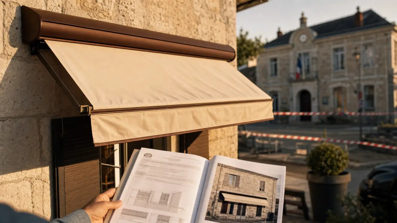 Déclaration préalable store banne : toile et coffre beige sur façade, dossier Cerfa en main