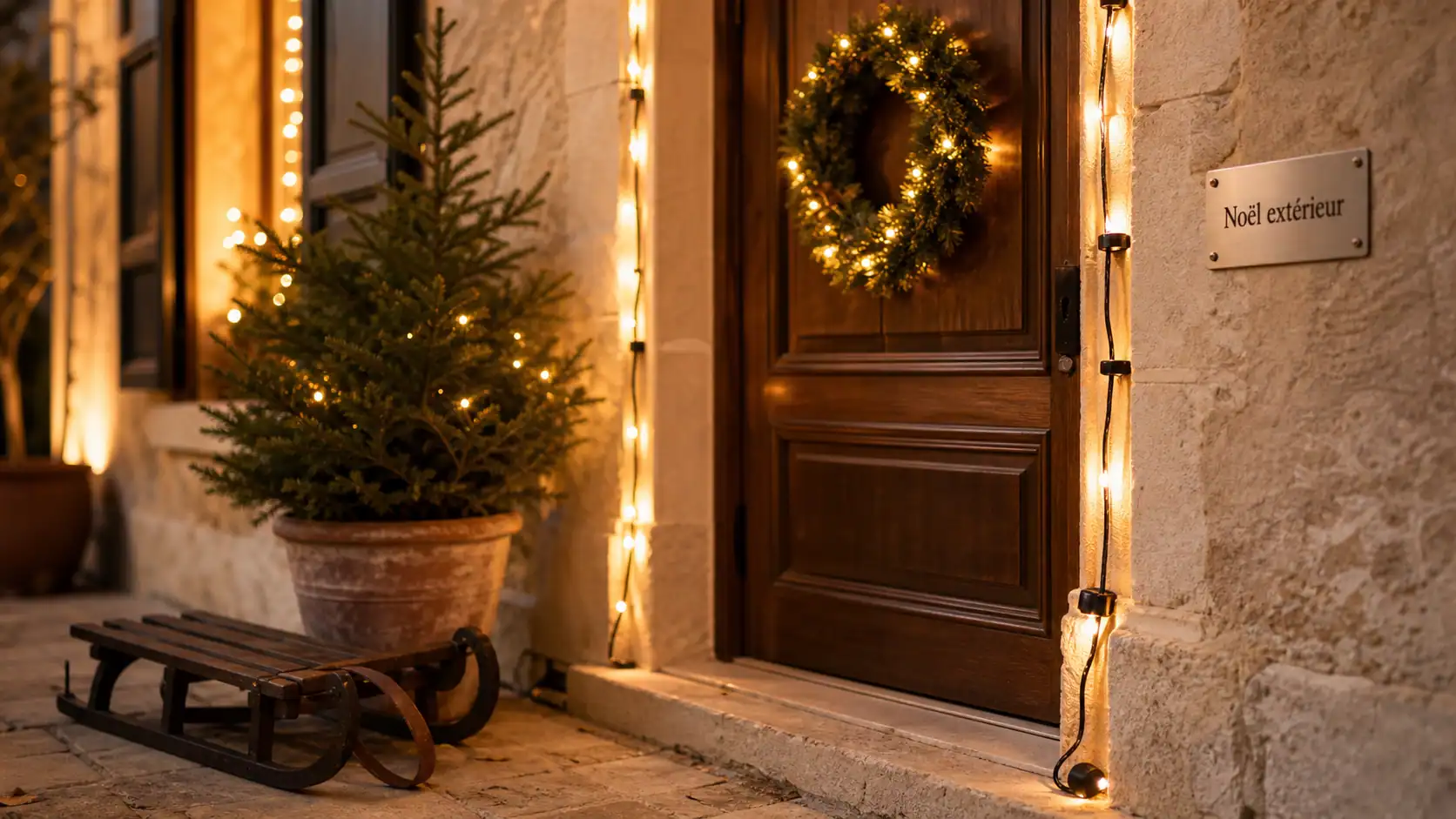 Decoration noel exterieur : guirlande LED blanche chaude près de la porte (IP44)