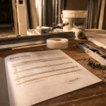 Devis placo : feuille de devis et plaque BA13 en chantier