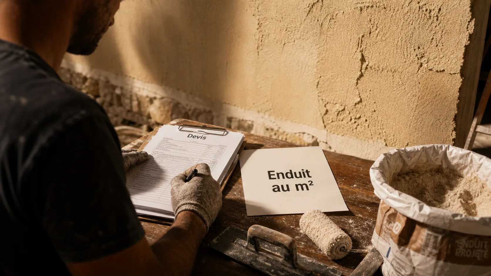 Enduit prix m2 : artisan applique l’enduit sur une façade
