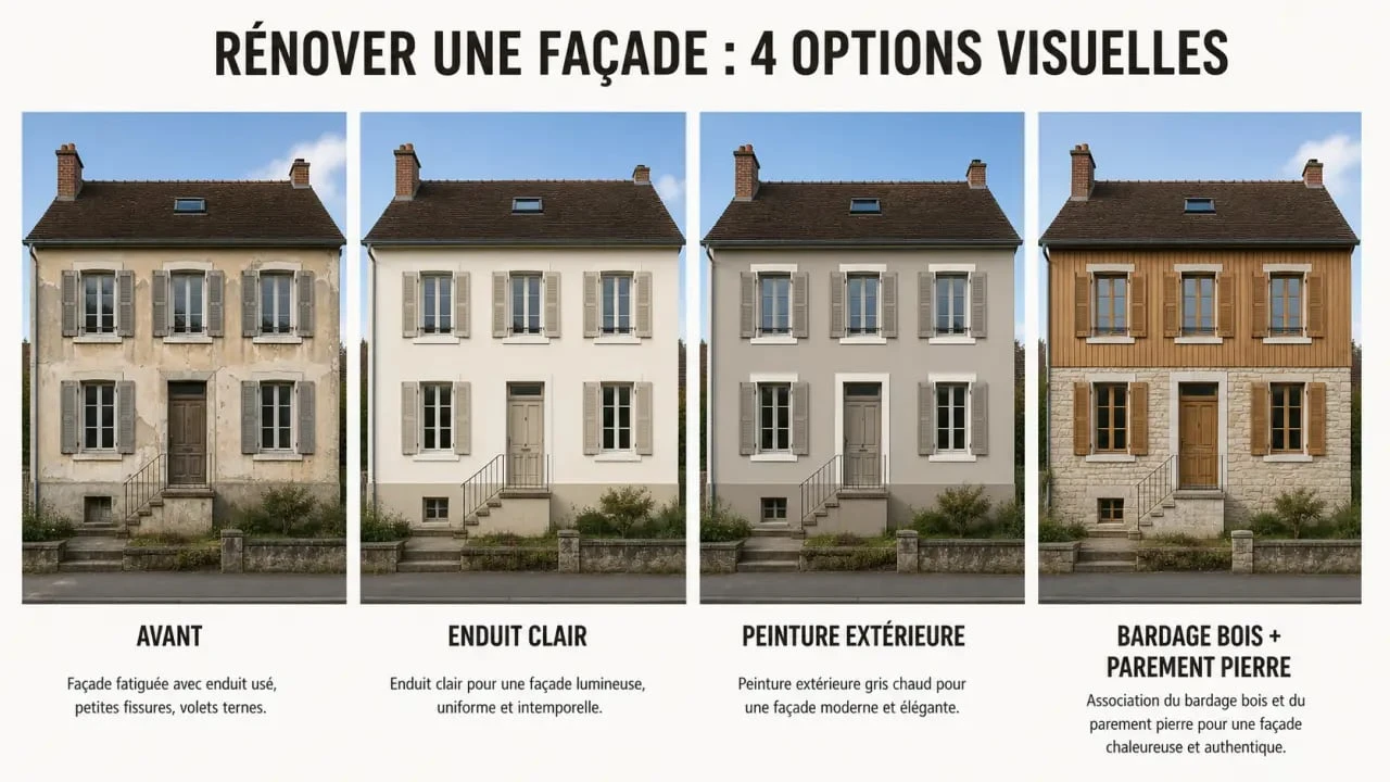 Solutions rénover ou embellir façade : comparaison visuelle d’une maison avant et après avec enduit, peinture, bardage bois et parement pierre