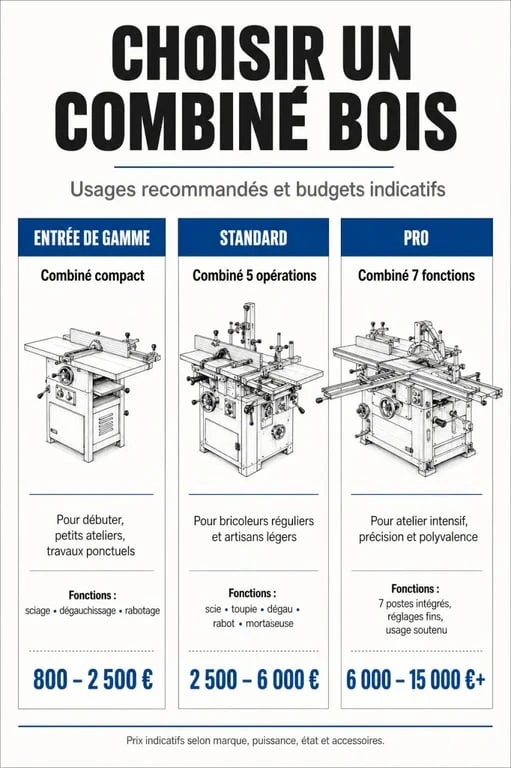 Tableau comparatif des machines pour travailler le bois : budget et usage selon le type de combiné