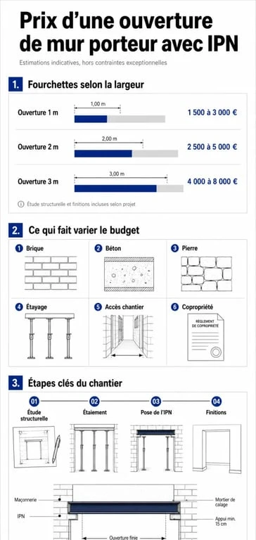Infographie sur le mur porteur ipn prix : fourchettes de coût, facteurs de variation et étapes du chantier