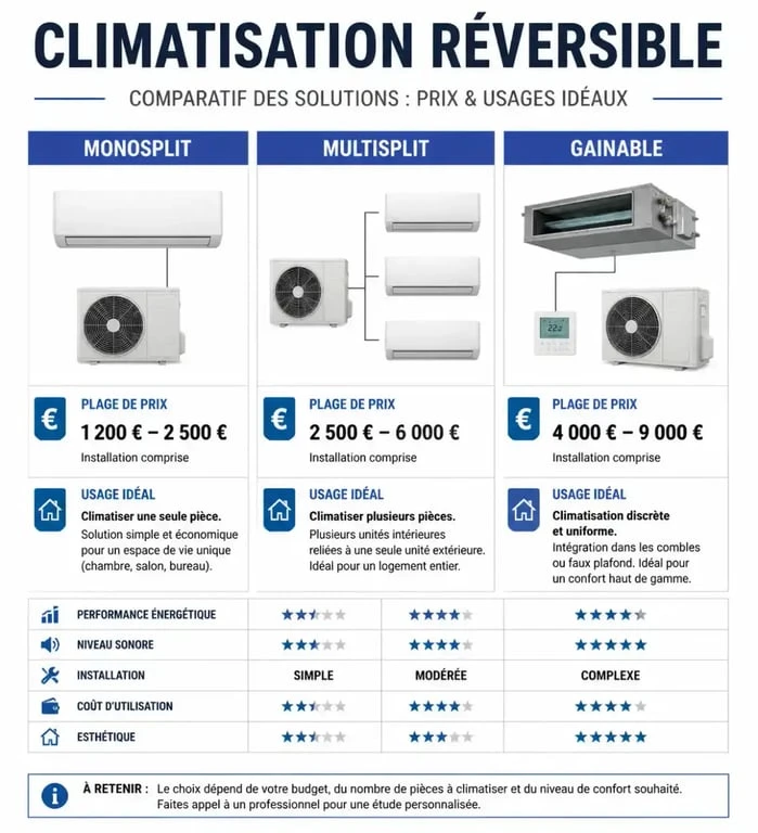 Comparatif des prix et usages des systèmes de climatisation réversible : monosplit, multisplit et gainable