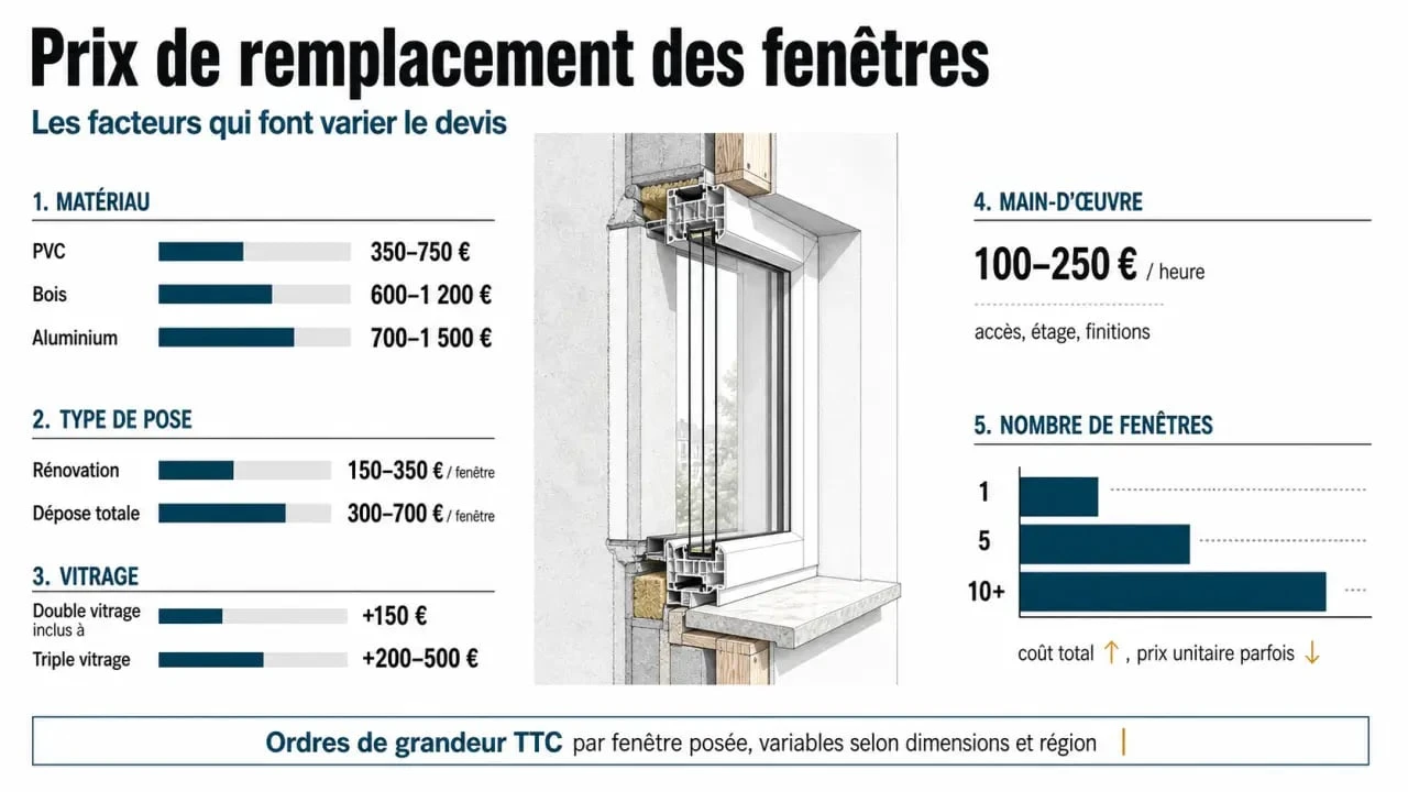 Infographie sur le prix remplacement fenetre avec les fourchettes de coût selon la pose, le matériau et le vitrage