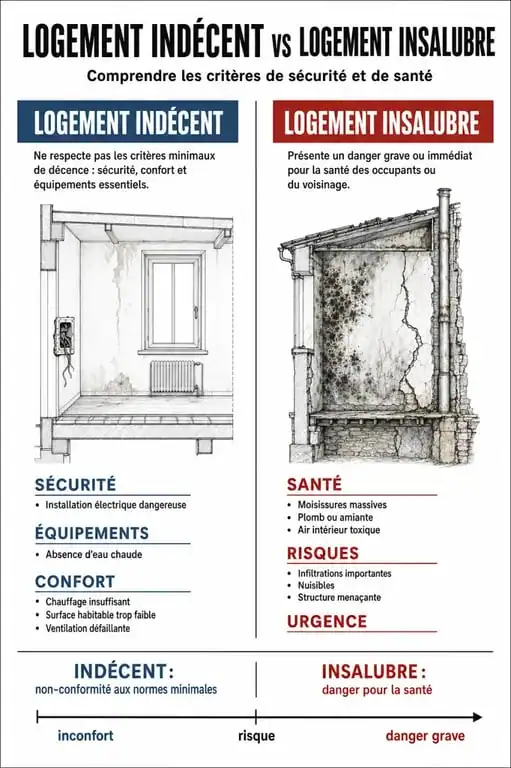 Infographie comparative : logement indécent vs logement insalubre pour le remboursement de loyer