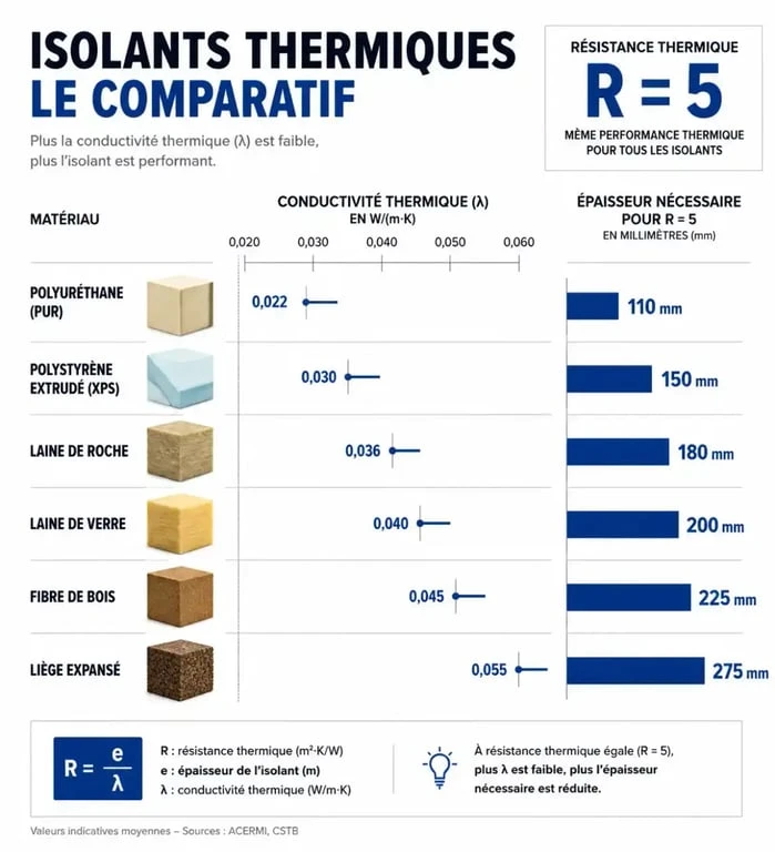 Tableau comparatif des isolants thermiques : conductivité et épaisseur pour une isolation performante