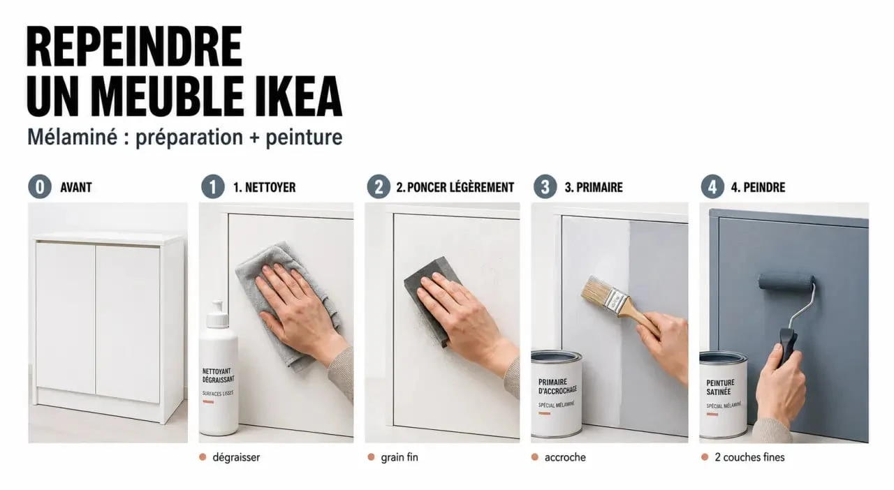 Repeindre meuble IKEA : illustration pas à pas de la préparation, du ponçage, du primaire et de la peinture