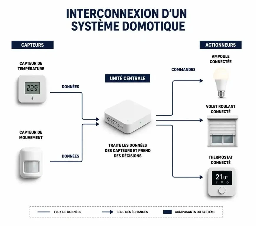 Schéma explicatif du fonctionnement d'une maison intelligente avec des exemples de domotique