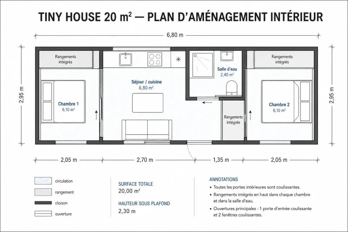 Plan d'aménagement intérieur d'une tiny house 2 chambres optimisée pour le confort familial
