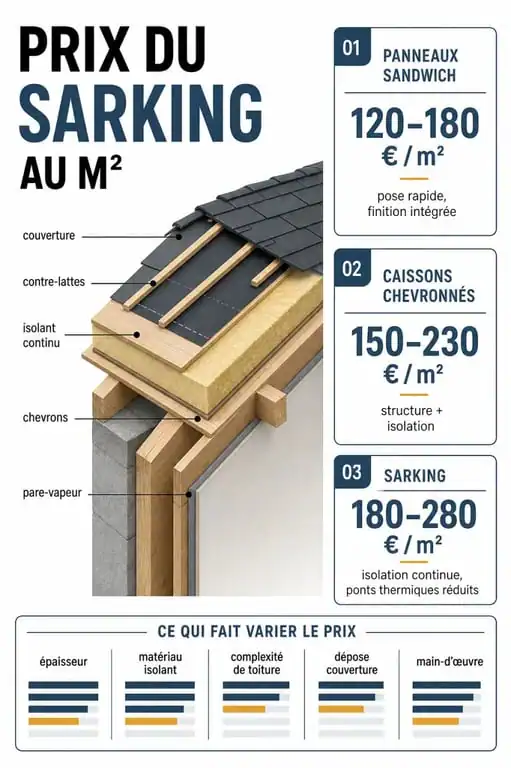 Sarking prix m2 : schéma comparatif des coûts et des techniques d’isolation de toiture