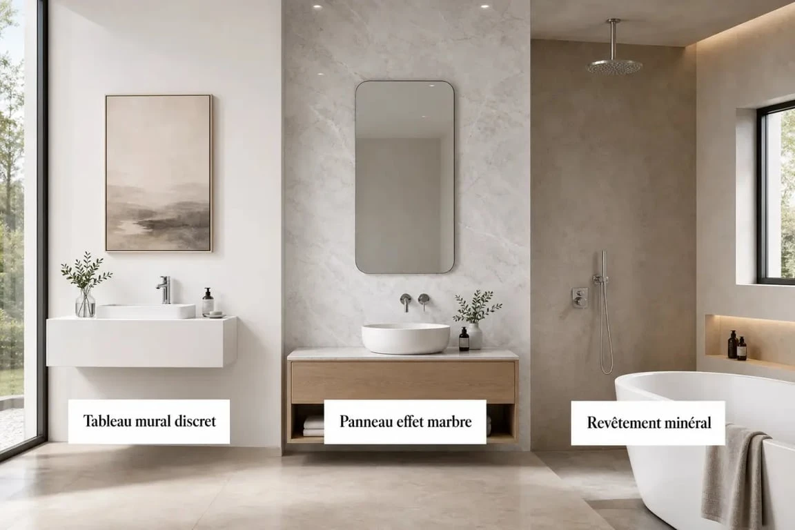 Décoration murale salle de bain dans une salle de bain contemporaine avec tableau, panneau mural et revêtement minéral