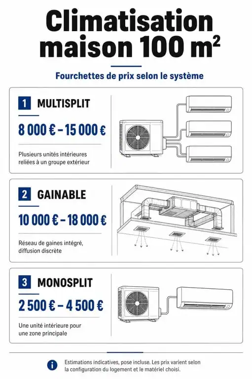 Infographie des prix de climatisation pour une maison de 100m2 selon le système