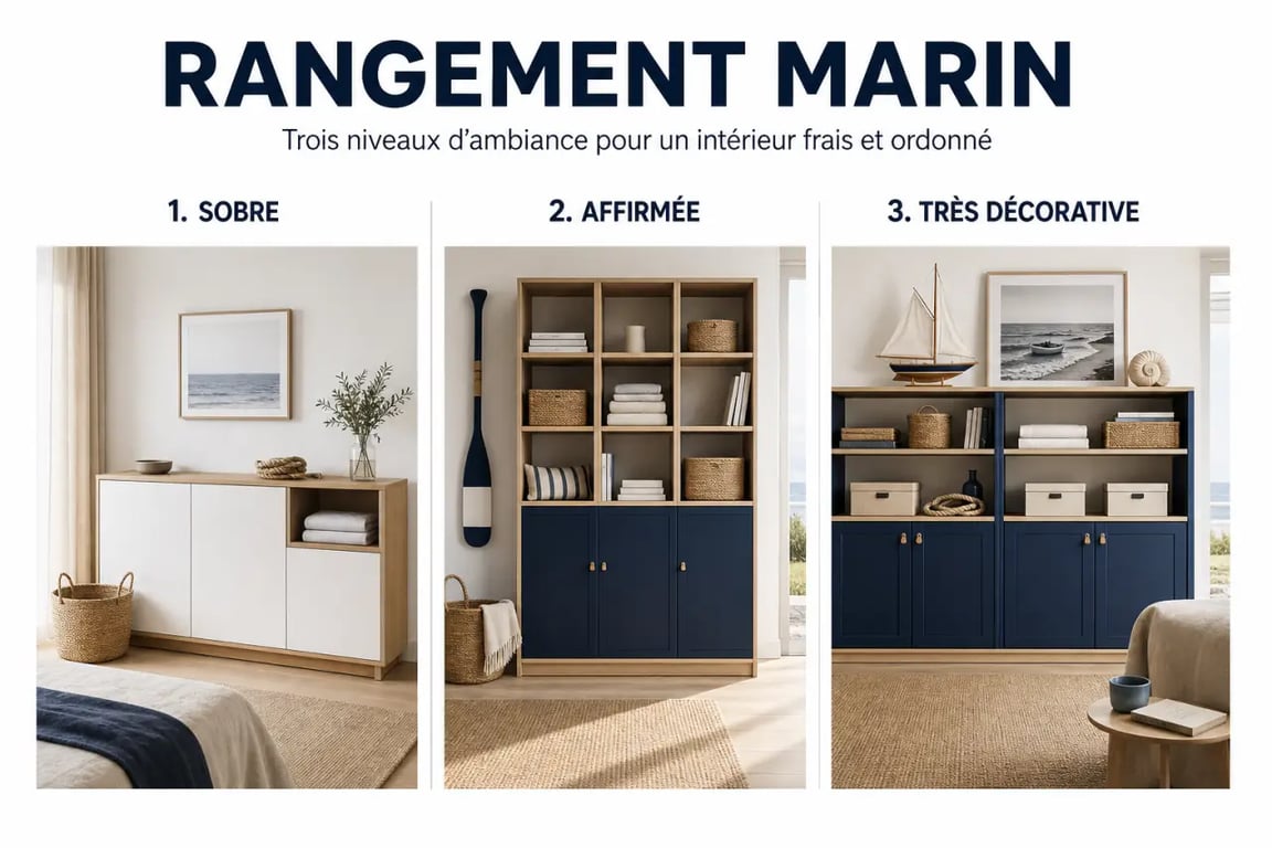 Aménager un espace de rangement inspiré par l'univers marin : trois ambiances déco sobres, affirmées et très décoratives