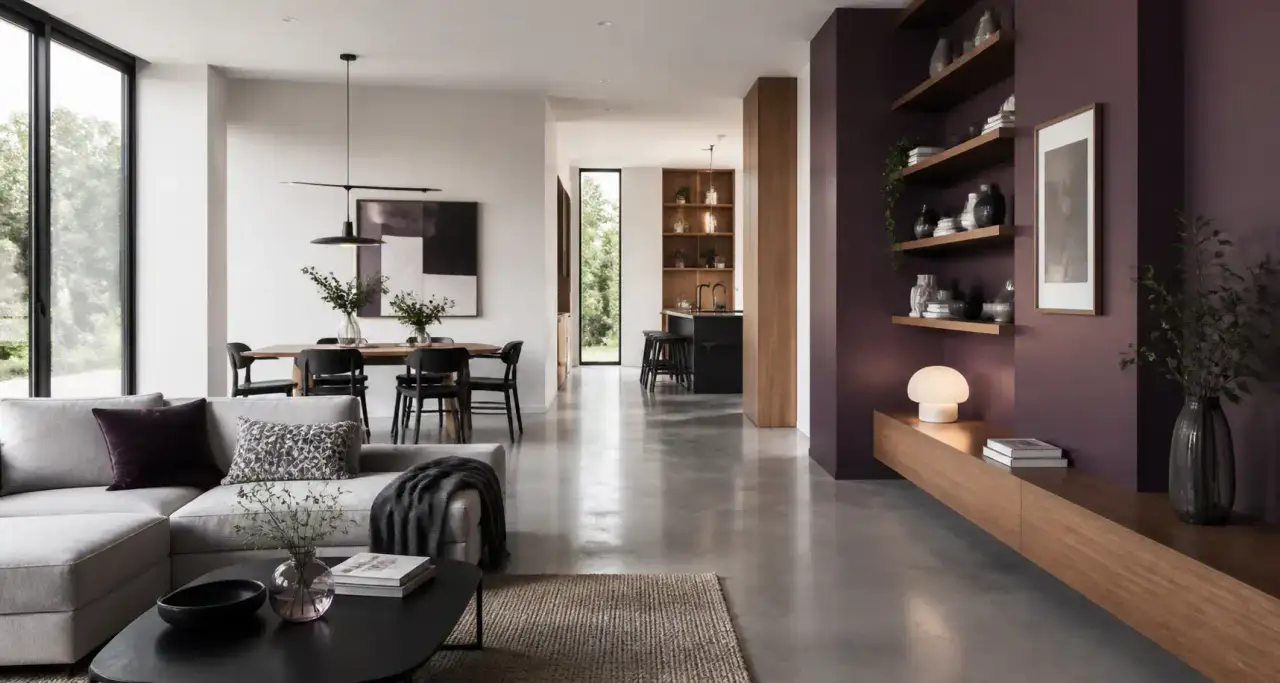 Intérieur rénové avec mur d'accent violet et sol en béton ciré, architecture d'intérieur et valorisation