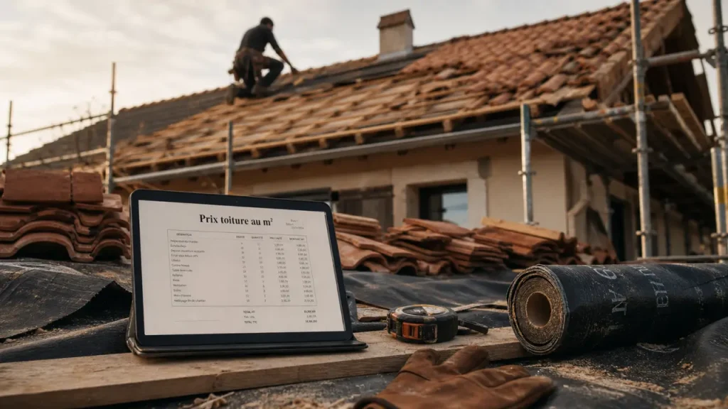 Prix toiture m2 : artisan sur toiture en rénovation