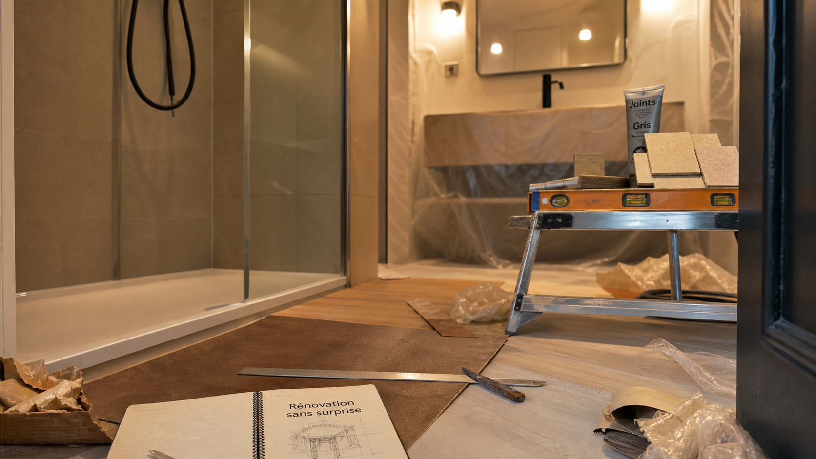 Renover une salle de bain : receveur, sol vinyle et niveau en rénovation
