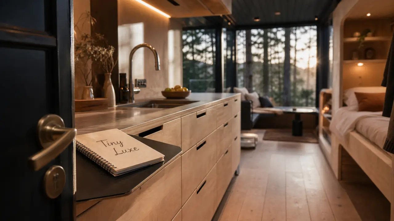 Tiny house luxe : intérieur haut de gamme, cuisine encastrée, baie vitrée