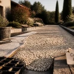 Déco gravier : allée en gravier beige crème, bordures pierre
