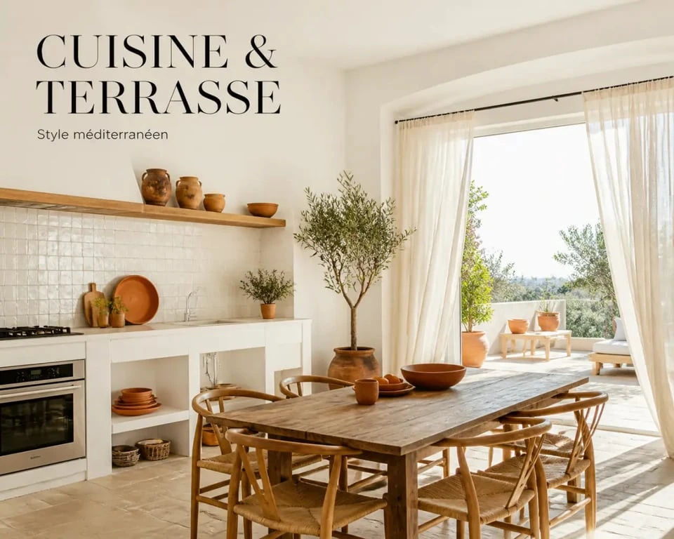 Décoration style méditerranéen dans une cuisine et une terrasse avec zelliges, bois et terre cuite