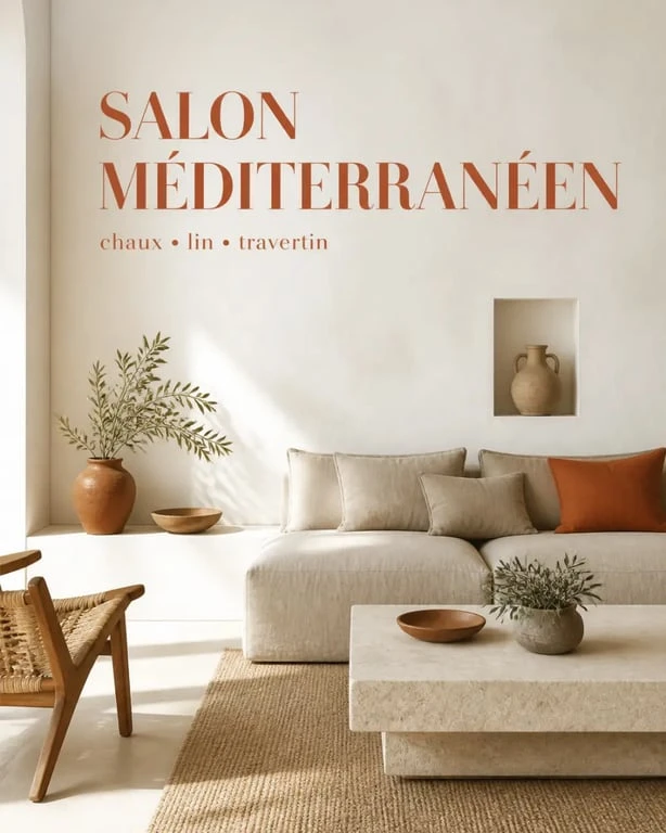 Décoration style méditerranéen dans un salon moderne avec murs clairs, lin et travertin