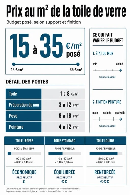 Prix m2 toile de verre : infographie du budget au m², pose, préparation et peinture