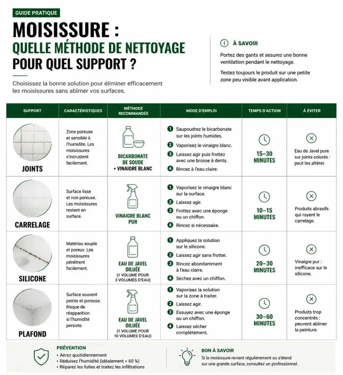 Tableau récapitulatif des méthodes pour enlever la moisissure dans la salle de bain selon le support