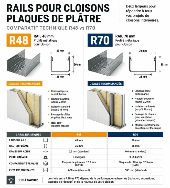 Comparatif technique des rails pour placo R48 et R70 pour cloisons et plafonds