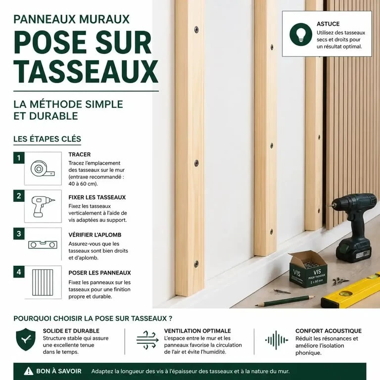 Installation d'un habillage mur interieur moderne sur tasseaux de bois