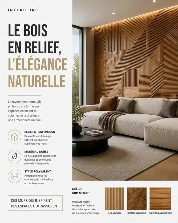 Habillage mur interieur moderne en bois avec relief 3D dans un salon contemporain