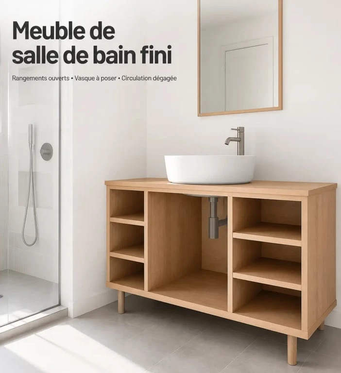Fabriquer meuble salle de bain bois : meuble vasque en bois fini dans une salle de bain