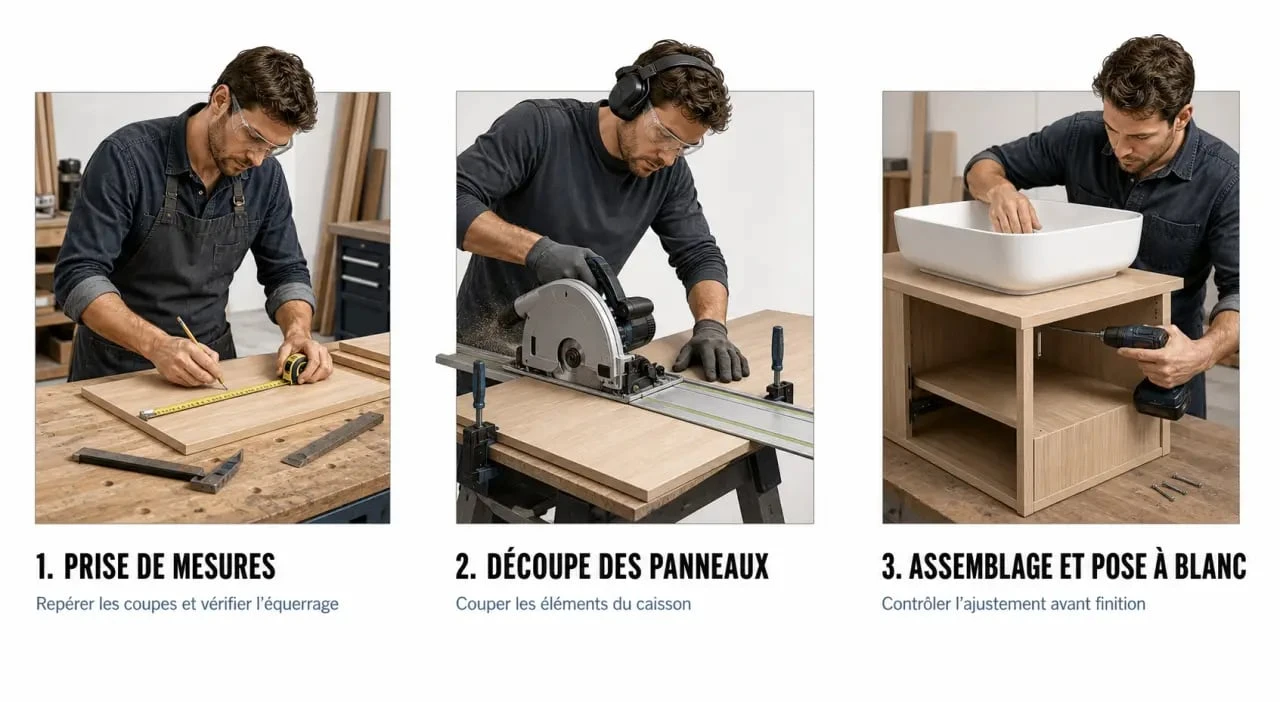 Fabriquer meuble salle de bain bois : étapes de mesure, découpe et assemblage d’un caisson en atelier