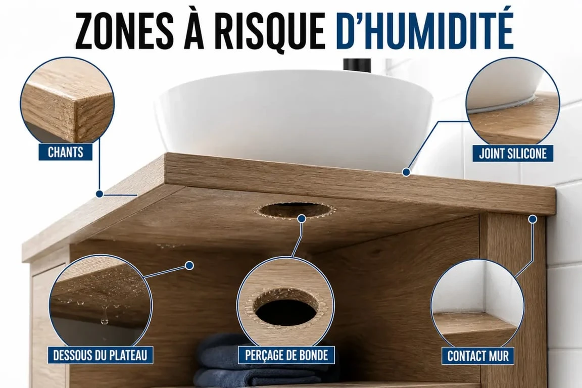 Fabriquer meuble salle de bain bois : protection des chants, de la bonde et des joints contre l’humidité