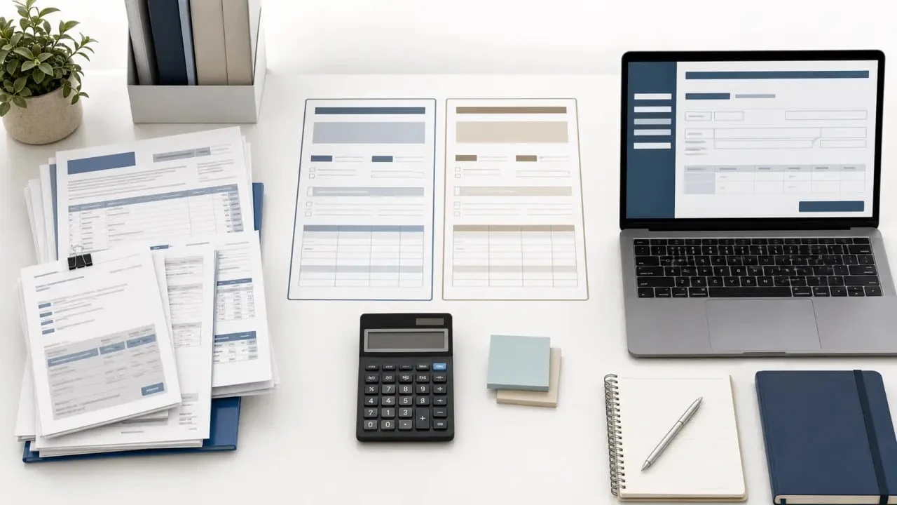 Première déclaration revenus fonciers : bureau avec justificatifs, calculatrice et formulaire fiscal