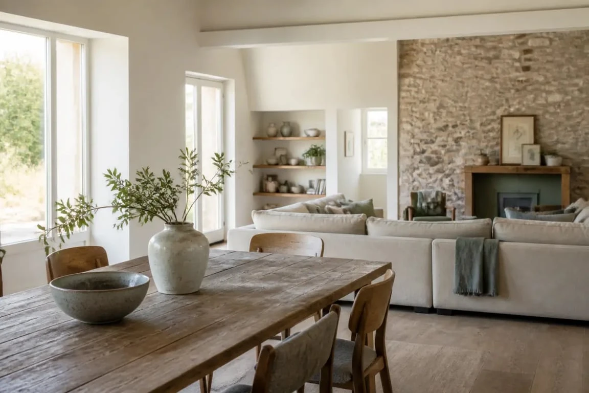 Décoration maison bretagne dans un salon lumineux avec bois, lin et couleurs minérales