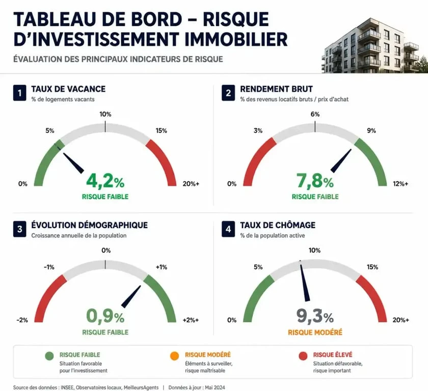 Infographie des indicateurs de risque pour un investissement locatif : vacance, rendement, démographie et chômage.