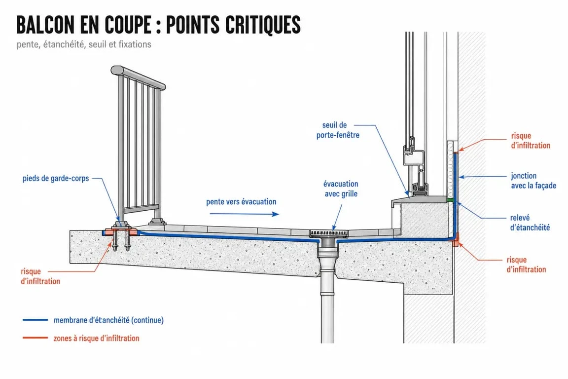 Balcon étanchéité : schéma en coupe des zones sensibles et de la pente d’écoulement