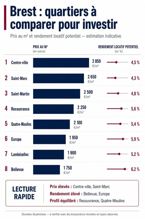 Infographie des quartiers pour un investissement locatif à Brest avec prix et rendements