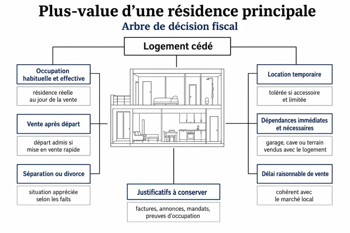 Plue value résidence principale : schéma décisionnel des cas d’exonération, exceptions et délais fiscaux