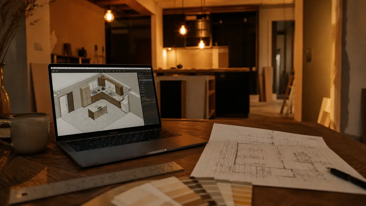 Conception cuisine logiciel 3D : plan sur ordinateur, budget et précision