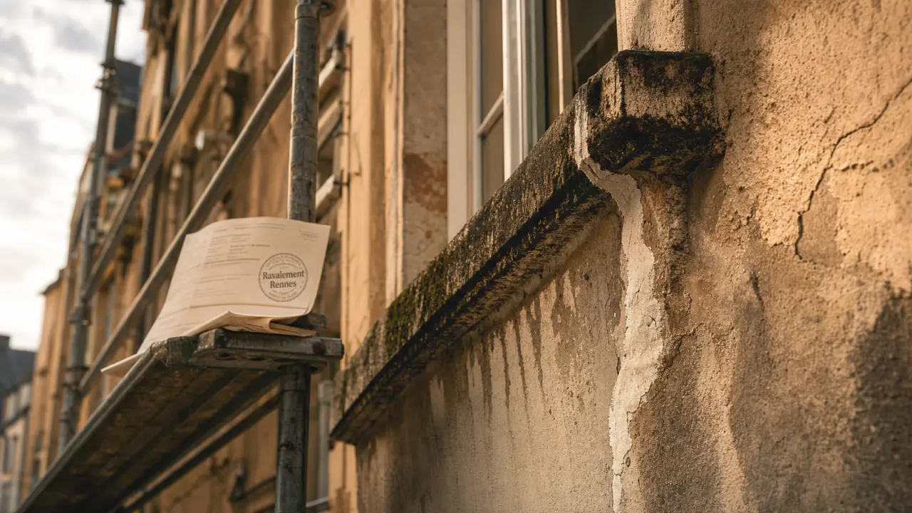 Ravalement de façade Rennes : traces d’humidité et enduit sur façade ancienne