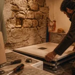 Rénovation salle de bain marseille : artisan pose un receveur de douche en rénovation