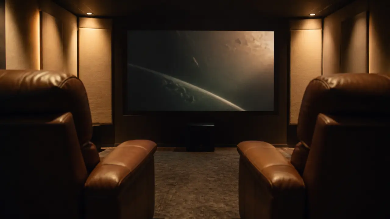 Salle de cinema dans une maison, petit home-cinéma 12 m², son et acoustique soignés