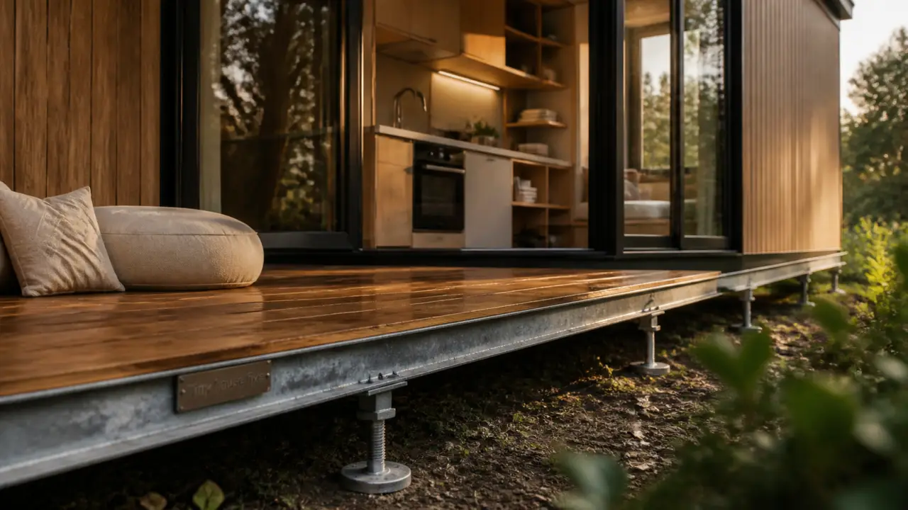 Tiny house fixe sur structure métallique, vue extérieure