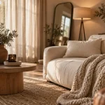 Déco scandinave cocooning : salon lumineux, canapé ivoire et rideaux en lin
