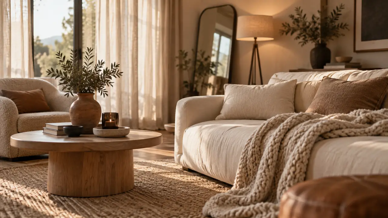 Déco scandinave cocooning : salon lumineux, canapé ivoire et rideaux en lin