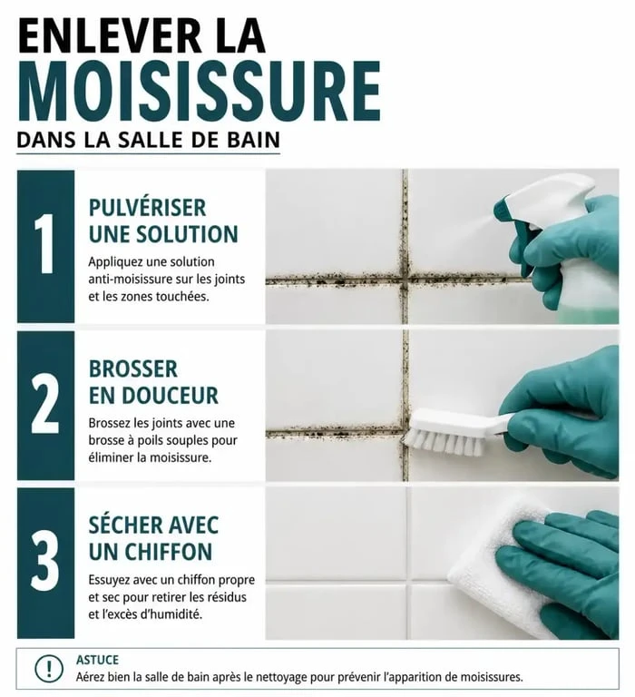 Étapes pas à pas pour enlever la moisissure salle de bain sur les joints et le carrelage